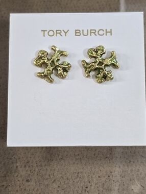Tory Burch Textured Gold Logo Stud Earrings